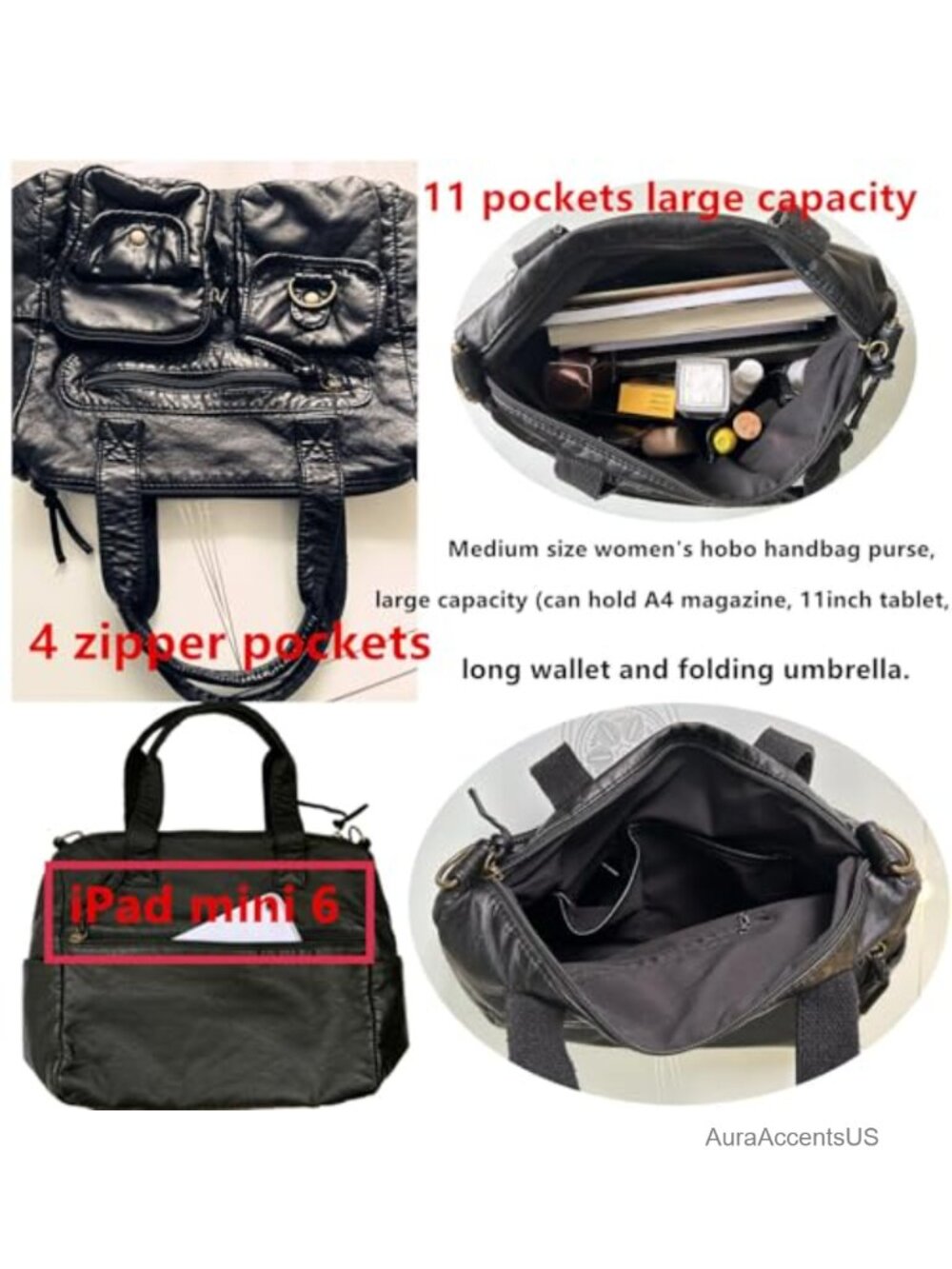 Hobo Handbag Top Handle Satchel Purse PU Leather Multi-Pocket - Picture 2 of 6